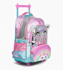 MOCHILA CARRO 18" CON LUZ LED MAKE UP FOOTY CELESTE