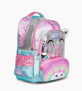 MOCHILA ESPALDA 18" CON LUZ LED MAKE UP FOOTY CELESTE