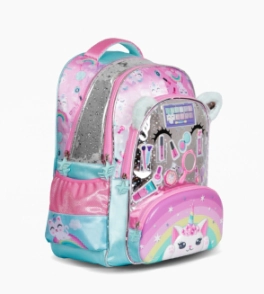 MOCHILA ESPALDA 18" CON LUZ LED MAKE UP FOOTY CELESTE