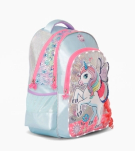 MOCHILA ESPALDA 18" CON LUZ LED UNICORN WINGS FOOTY CELESTE