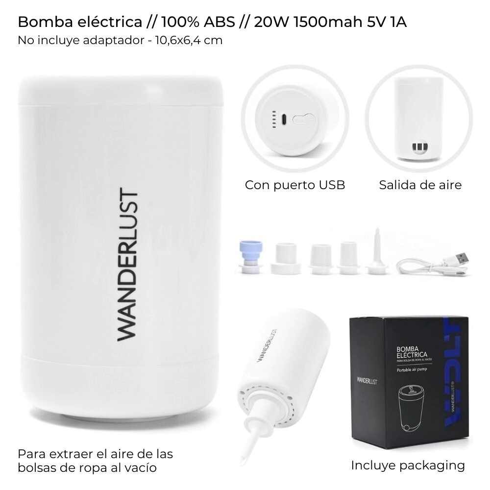 BOMBA ELECTRICA PARA BOLSAS AL VACIO CON PUERTO USB