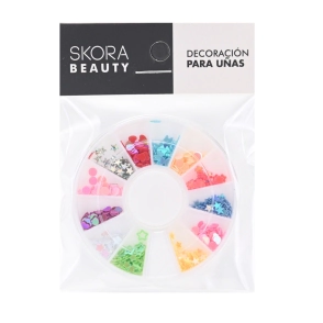 NAIL ART EN DISCO MULTICOLOR LENTEJUELAS FORMITAS SKORA