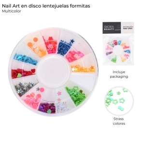 NAIL ART EN DISCO MULTICOLOR LENTEJUELAS FORMITAS SKORA