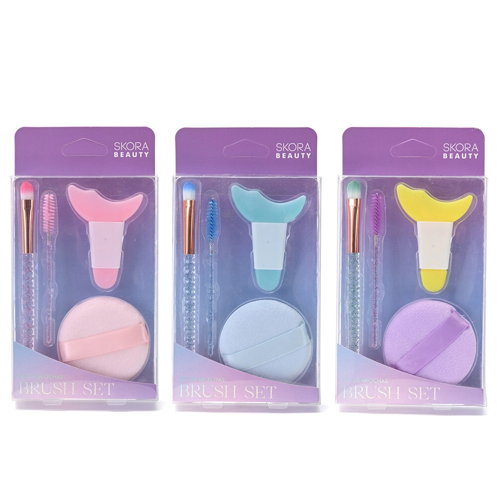 SET BLENDER, BROCHA, ESTENCIL Y CEPILLO PARA CEJAS x4 SKORA