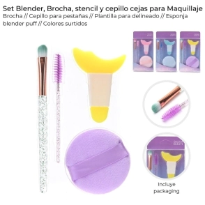 SET BLENDER, BROCHA, ESTENCIL Y CEPILLO PARA CEJAS x4 SKORA