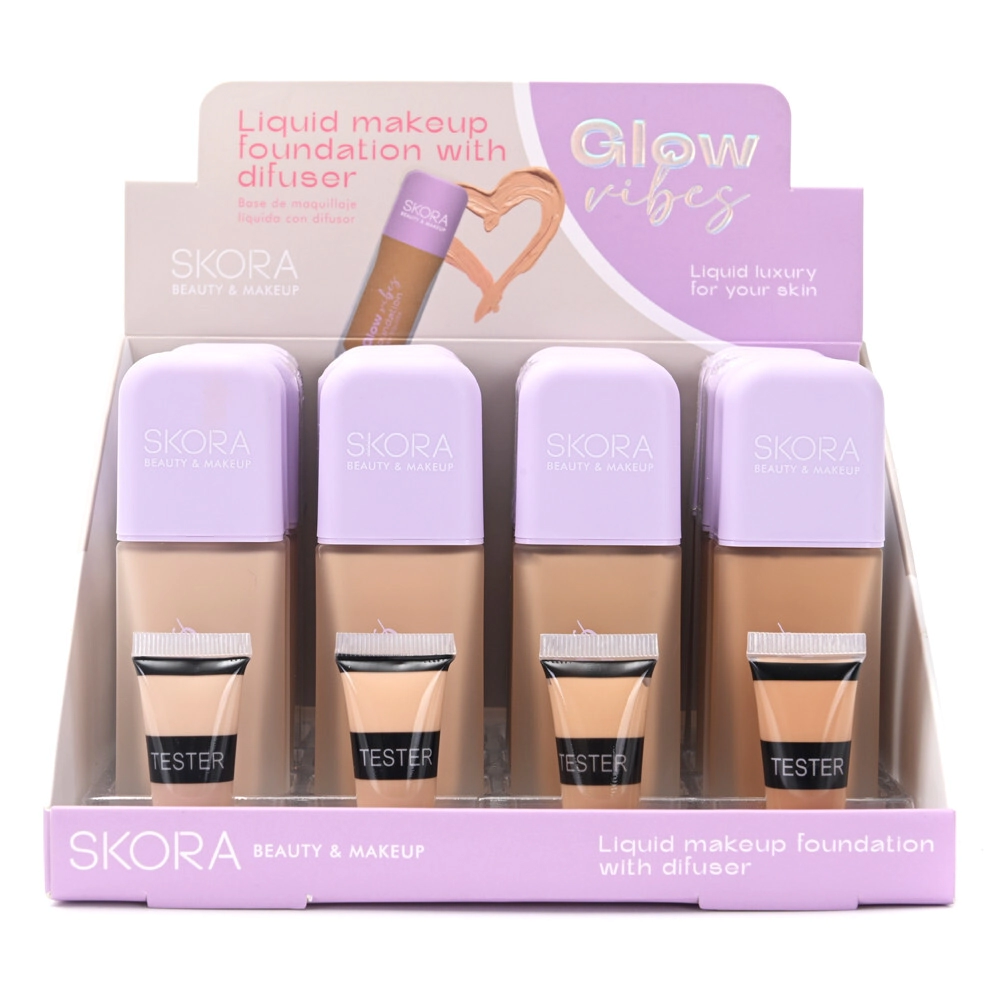 BASE DE MAQUILLAJE FLUIDA ENVASE DE VIDRIO CON DIFUSOR SKORA