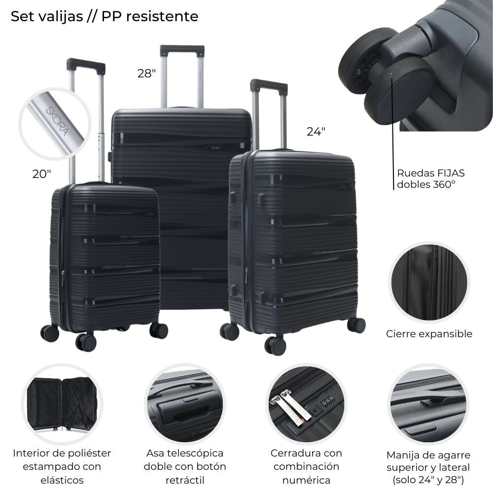 SET DE VALIJAS SKORA HARD PP GRIS OSCURO 20" / 24" / 28" (SOLO SET)