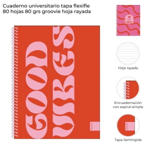 CUADERNO UNIVERSITARIO TAPA FLEXIBLE 80 HOJAS GROOVIE SKORA