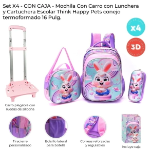 SET X4: MOCHILA CARRO CON LUNCHERA Y CARTUCHERA 16" SKORA