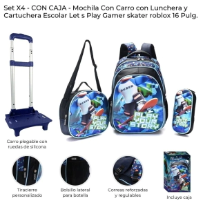 SET X 4 MOCHILA CARRO CON LUNCHERA Y CARTUCHERA ESCOLAR LETS PLAY GAMER SKORA