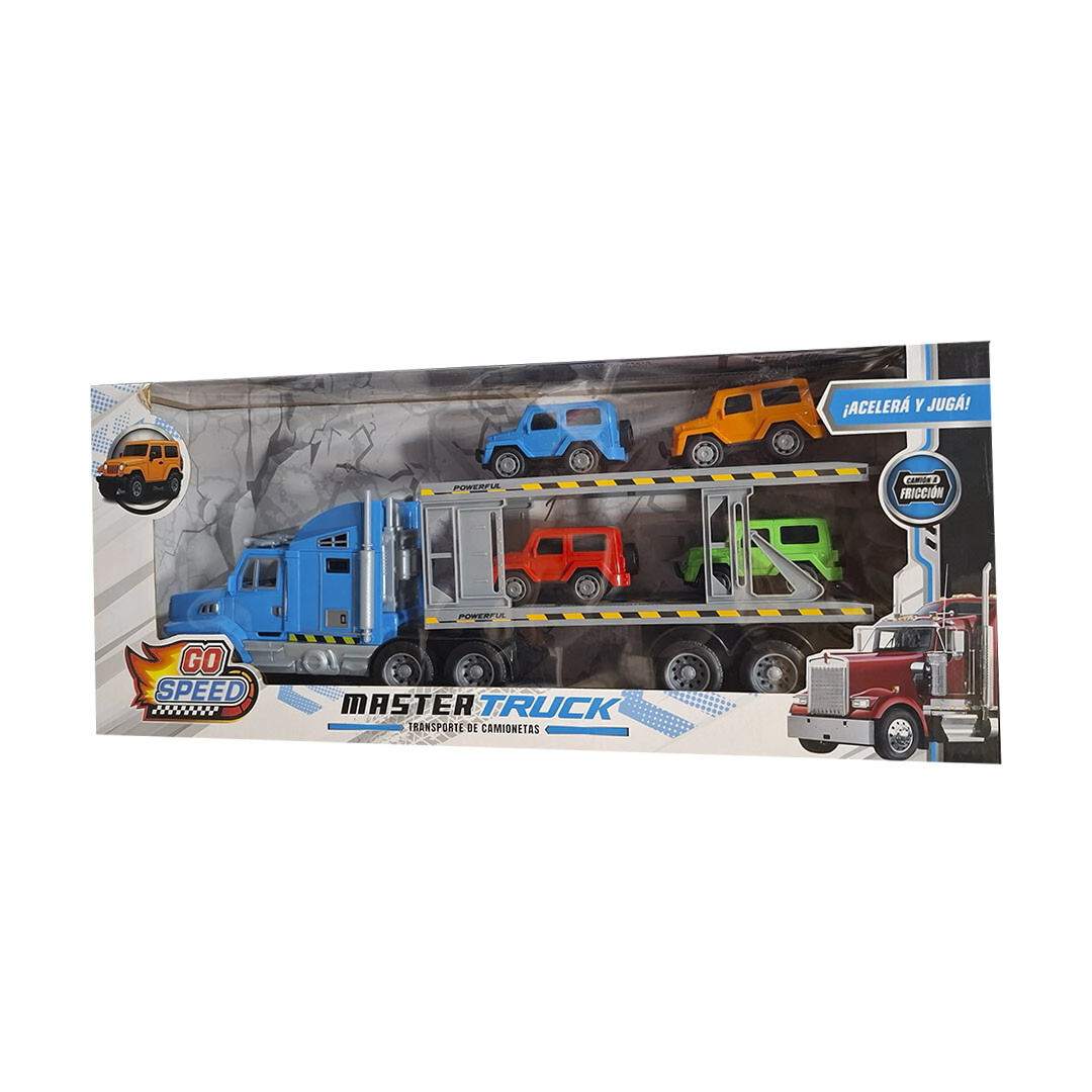 SET CAMION REMOLCADOR A FRICCION Y 4 JEEPS 4X4 48x9x20CM