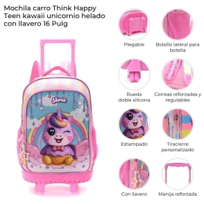 MOCHILA CARRO REFORZADO Y PLEGABLE THINK HAPPY KAWAII UNICORNIO 16" SKORA