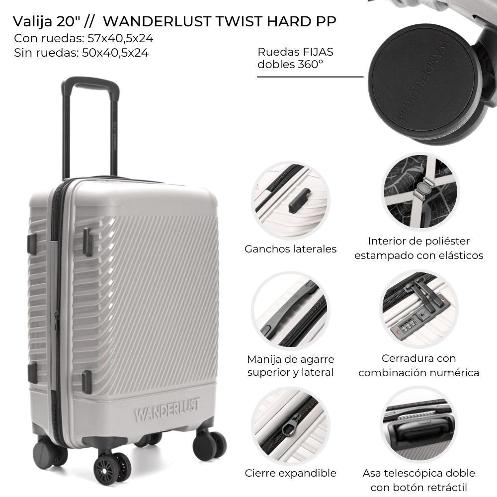VALIJA CARRY ON WANDERLUST TWIST HARD PP GRIS CLARO 20"