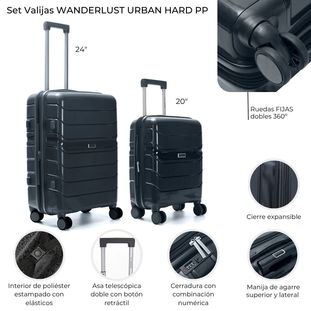 SET VALIJAS WANDERLUST URBAN HARD PP GRIS OSCURO 20" Y 24" EXPANDIBLE