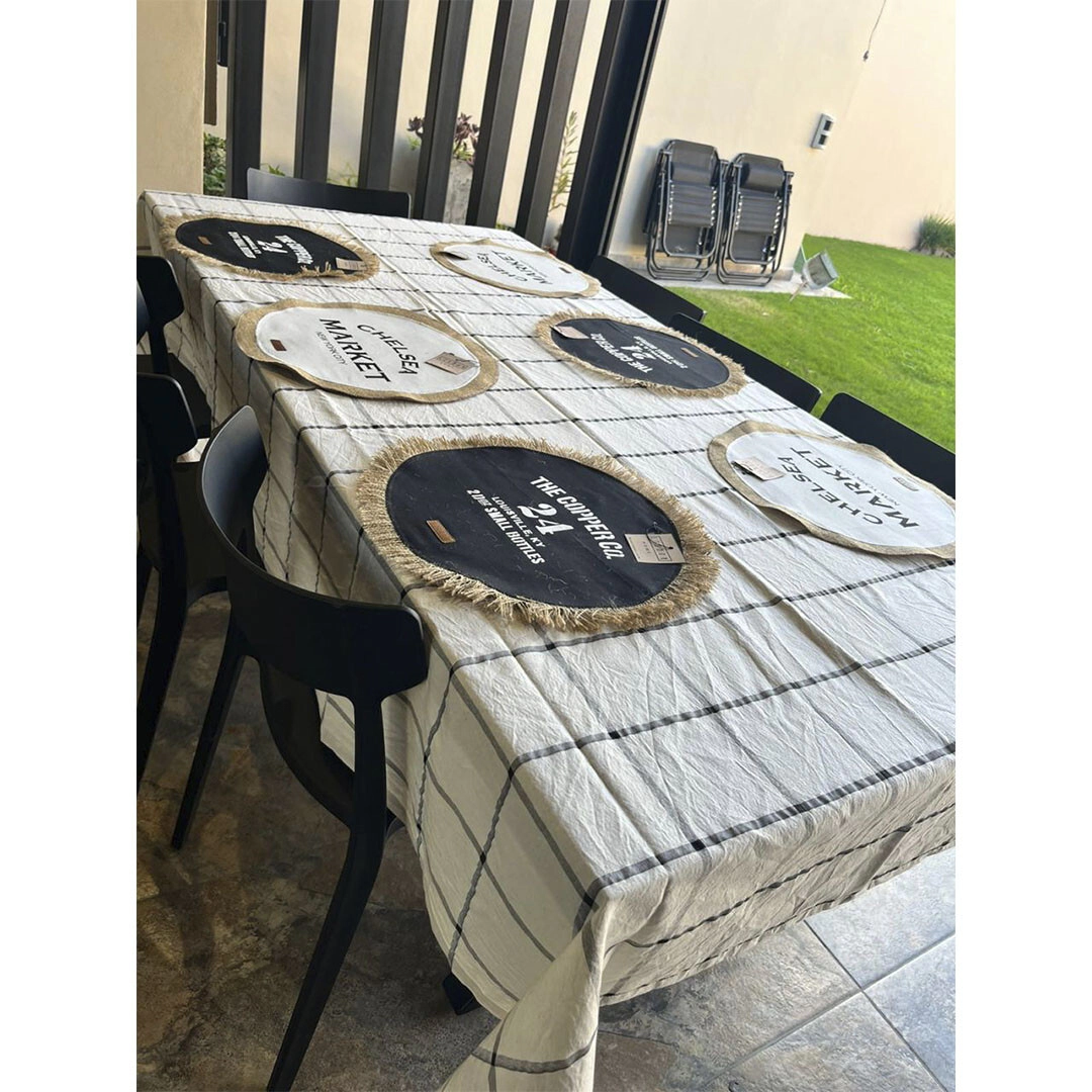 MANTEL TUSOR CRUDO CON CUADROS NEGRO LISBOA 150 X 250 CM
