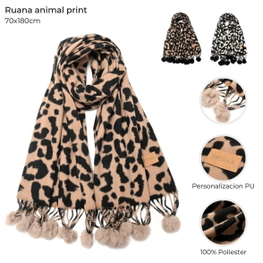 RUANA ANIMAL PRINT CON POMPONES 68x172CM SKORA