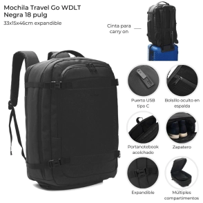 MOCHILA TRAVEL GO WANDERLUST NEGRA 18"