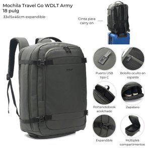 MOCHILA TRAVEL GO WANDERLUST ARMY 18"