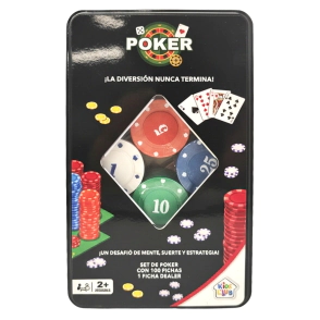 SET DE CARTAS DE POKER EN LATA CON 100 FICHAS KIDS CLUB
