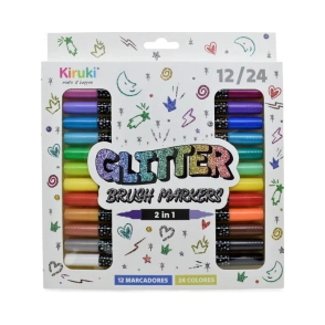 MARCADOR DOBLE PUNTA PINCEL CON GLITTER X 12 KIRUKI (24 COLORES)