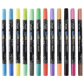 MARCADOR DOBLE PUNTA PINCEL CON GLITTER X 12 KIRUKI (24 COLORES)